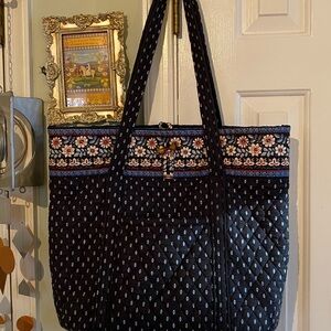 Vintage Vera Bradley Retired Black Alpine Floral Quilted Large Tote Bag